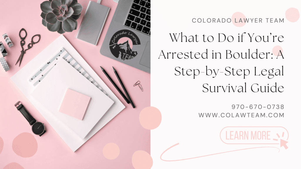 What to Do if You’re Arrested in Boulder: A Step-by-Step Legal Survival Guide Stylish pink desk setup with laptop showing Colorado Lawyer Team sticker, office supplies, and blog title about what to do if arrested in Boulder, creating a calming yet professional atmosphere.