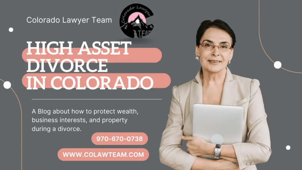 Professional businesswoman in suit holding laptop with confident pose, featured in high-asset divorce lawyer Denver blog header with Colorado Lawyer Team branding.